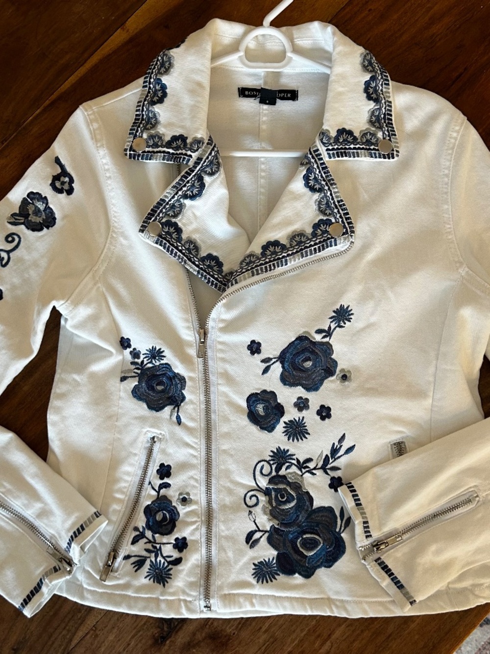 Boston Proper White Denim Floral Embroidered Jacket